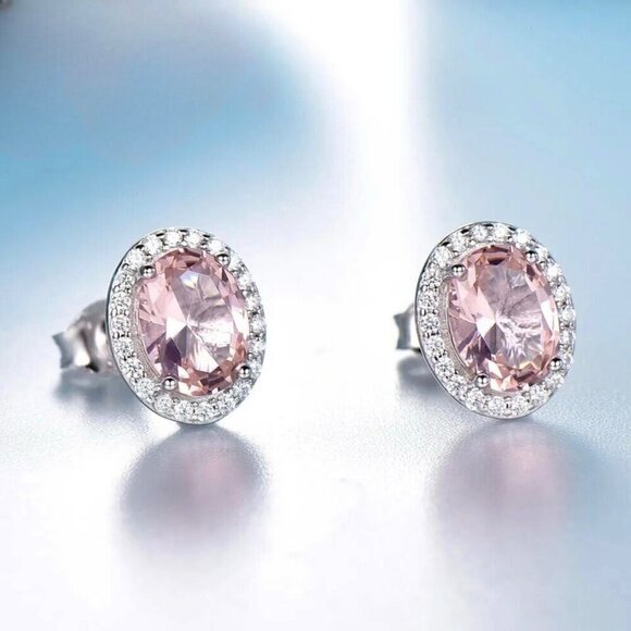 NWT Oval Pink Sapphire Stud Earring 14K Gold Over 925 Silver CZ Halo Feminine - Picture 2 of 8